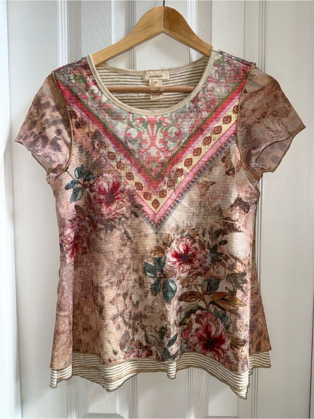 Sundance Short Sleeve Floral Fairy Multico Top Sz XS Flowy Casual Comfy Euro